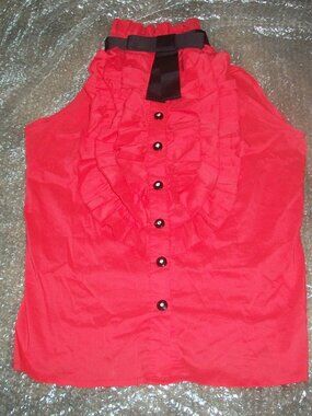 womens sexy red top.button front.ruffled.detachable bow.size medium
